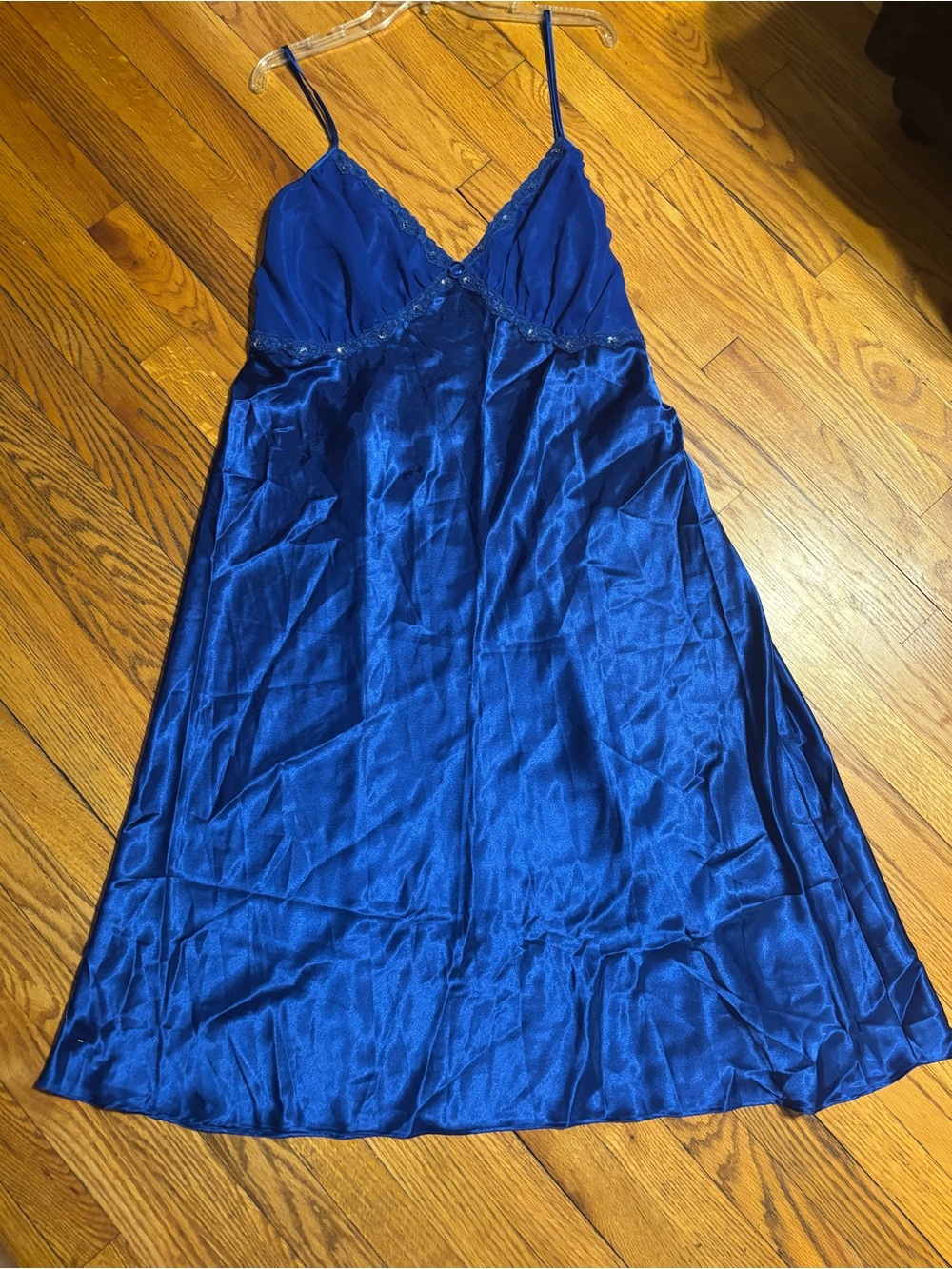 Vintage Blue Satin Slip Nightgown with beaded lace trim - Picture 8 of 10